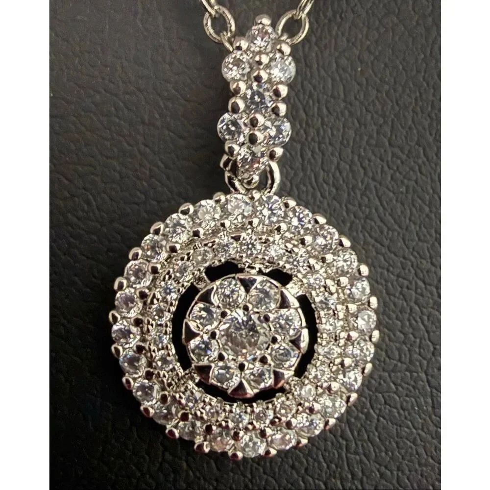 Round Sterling Silver Pavé Crystal Medallion Pendant Necklace